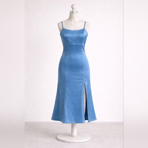 Elegant Blue Satin Midi Slip Dress with Side Slit & Adjustable Straps Large NWT
